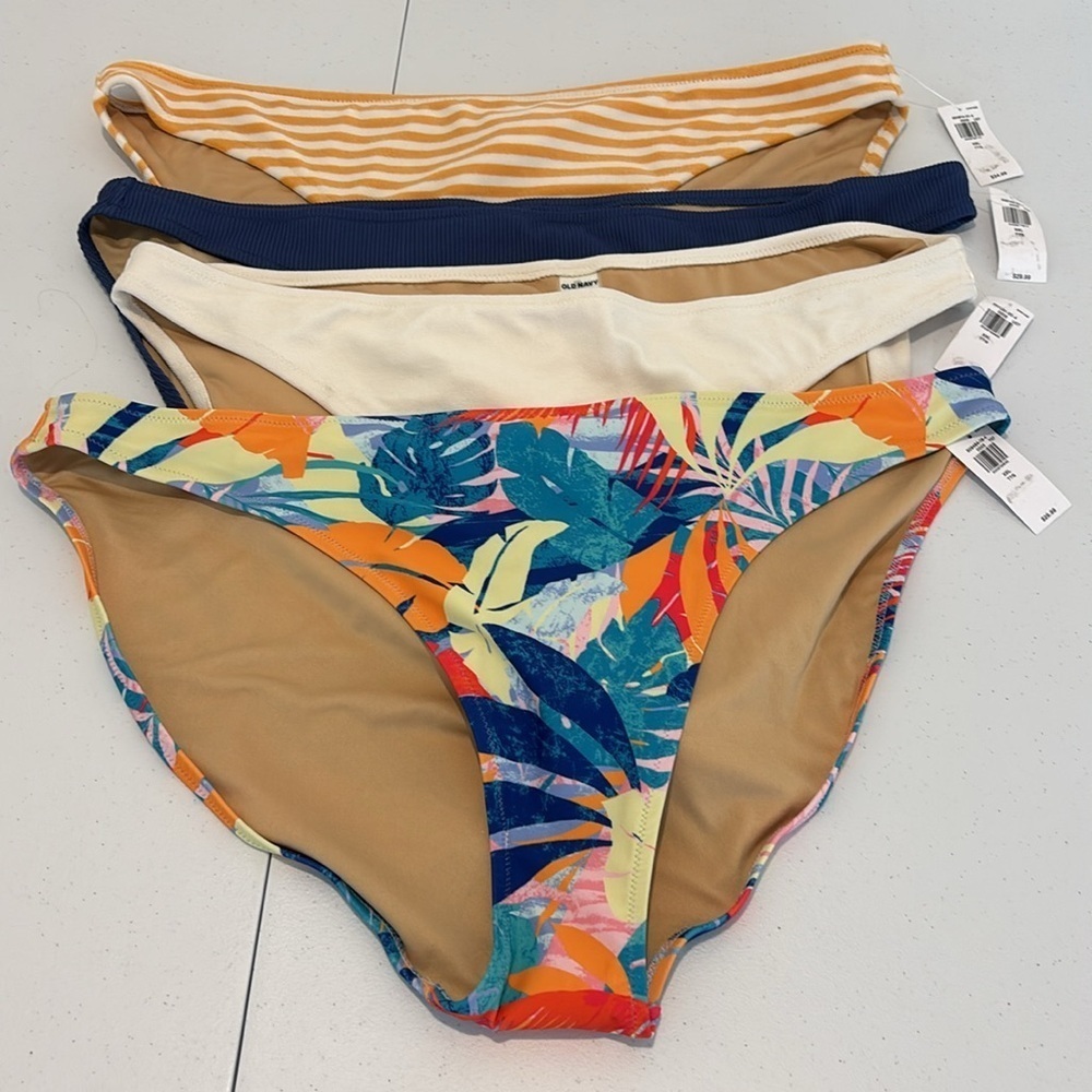 SET of 4 brand new bikini bottoms size XXL tropical ribbed terry blue white NWT